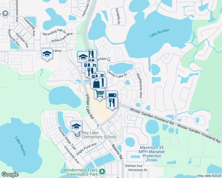 map of restaurants, bars, coffee shops, grocery stores, and more near 11557 Amidship Lane in Windermere