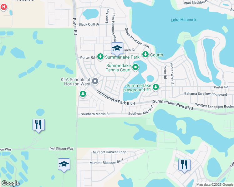 map of restaurants, bars, coffee shops, grocery stores, and more near 15413 Blackbead Street in Winter Garden