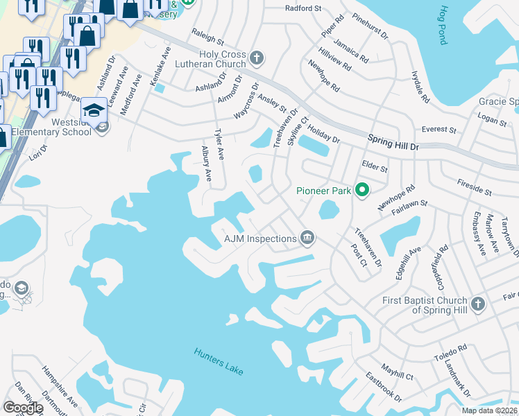map of restaurants, bars, coffee shops, grocery stores, and more near 6180 Skyline Court in Spring Hill