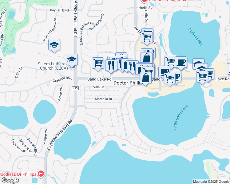 map of restaurants, bars, coffee shops, grocery stores, and more near 7943 Villa Drive in Orlando