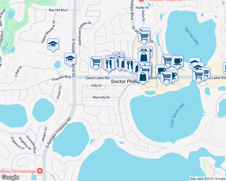 map of restaurants, bars, coffee shops, grocery stores, and more near 7943 Villa Drive in Orlando