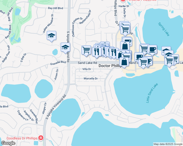 map of restaurants, bars, coffee shops, grocery stores, and more near 8051 Cadiz Court in Orlando