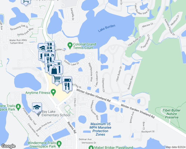 map of restaurants, bars, coffee shops, grocery stores, and more near 7613 Ripplepointe Way in Windermere