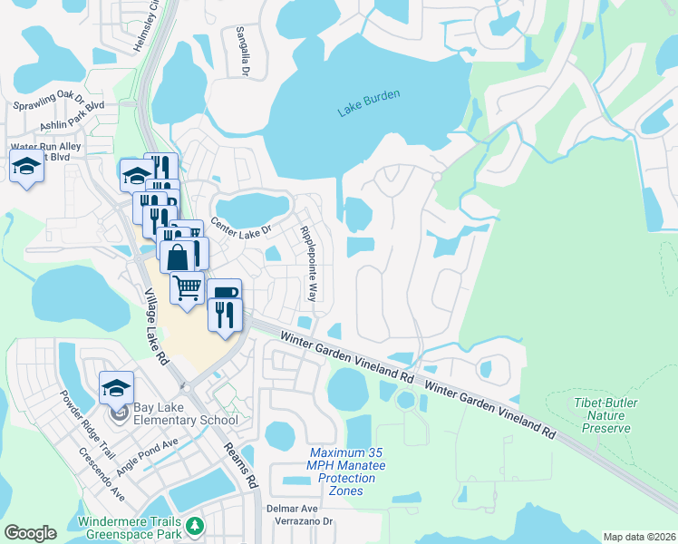 map of restaurants, bars, coffee shops, grocery stores, and more near 11650 Claymont Circle in Windermere
