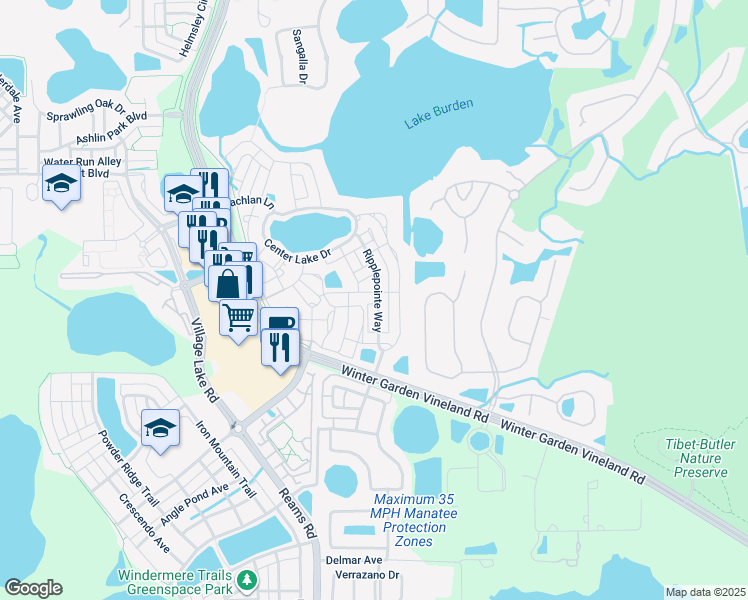 map of restaurants, bars, coffee shops, grocery stores, and more near 7561 Ripplepointe Way in Windermere