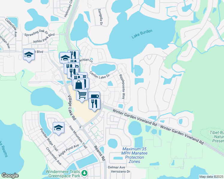 map of restaurants, bars, coffee shops, grocery stores, and more near 7468 Leighside Drive in Windermere