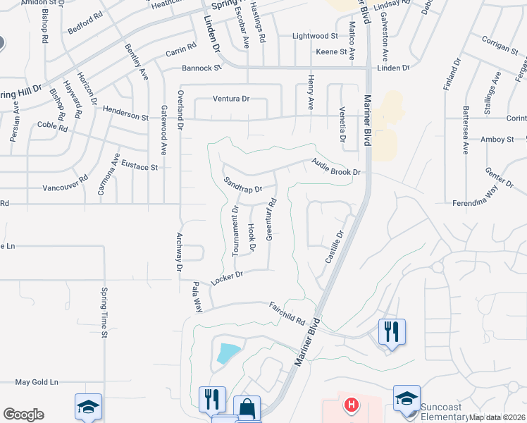 map of restaurants, bars, coffee shops, grocery stores, and more near 1062 Greenturf Road in Spring Hill