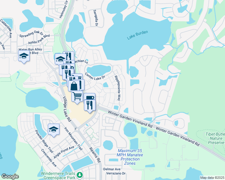 map of restaurants, bars, coffee shops, grocery stores, and more near 7468 Leighside Drive in Windermere