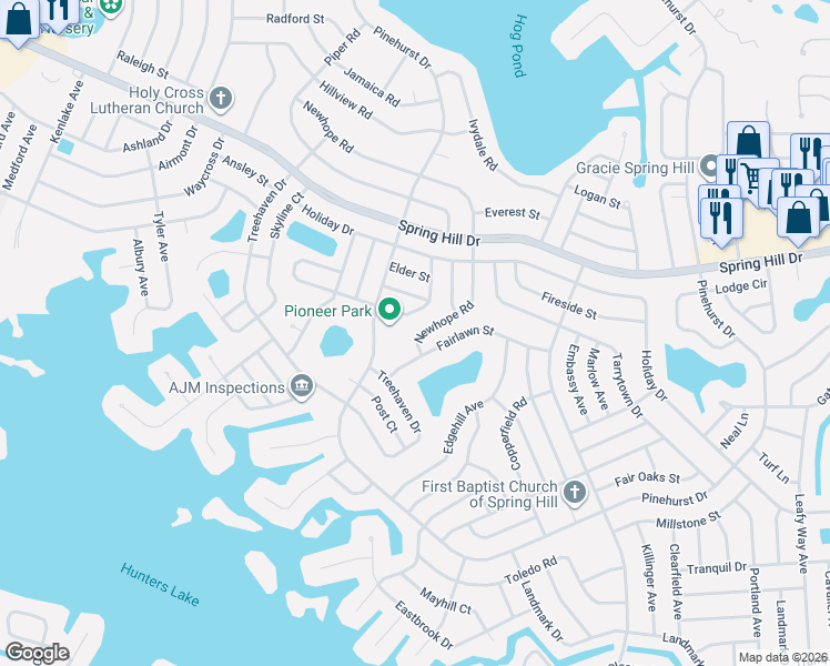 map of restaurants, bars, coffee shops, grocery stores, and more near 1117 Newhope Road in Spring Hill