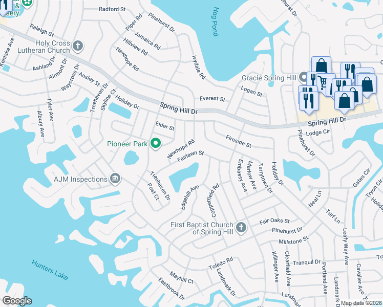 map of restaurants, bars, coffee shops, grocery stores, and more near 6502 Fairlawn Street in Spring Hill