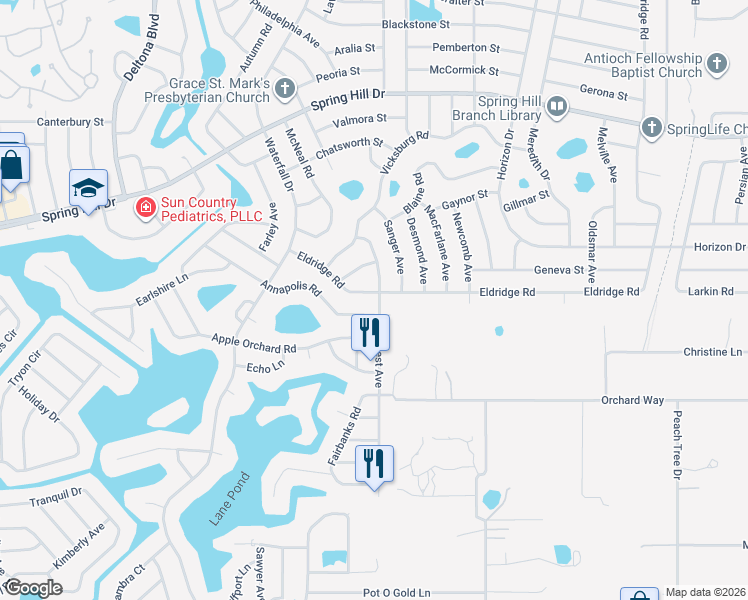 map of restaurants, bars, coffee shops, grocery stores, and more near 1123 Hallcrest Avenue in Spring Hill