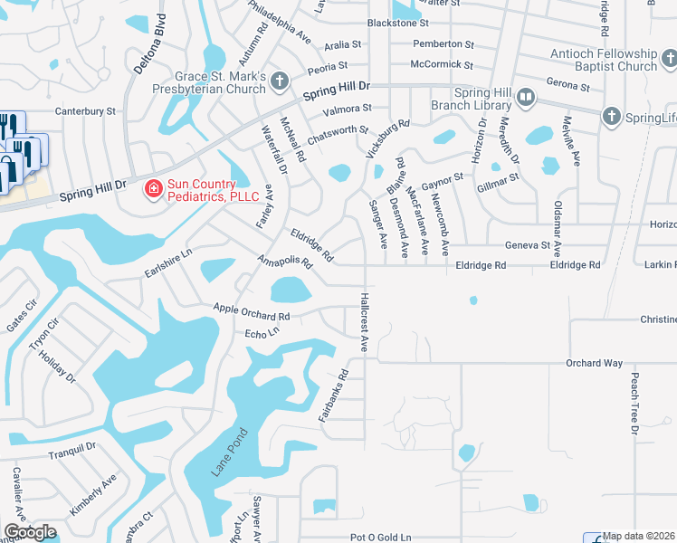map of restaurants, bars, coffee shops, grocery stores, and more near 8425 Eldridge Road in Spring Hill