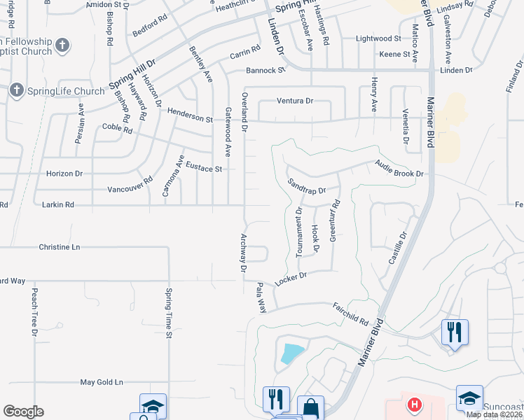 map of restaurants, bars, coffee shops, grocery stores, and more near 1066 Larkin Road in Spring Hill