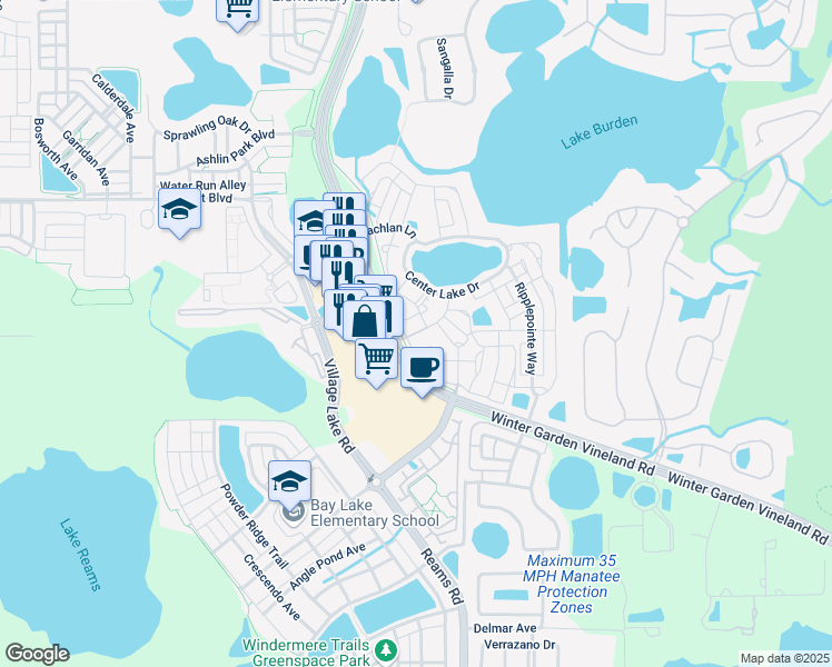 map of restaurants, bars, coffee shops, grocery stores, and more near 11557 Amidship Lane in Windermere