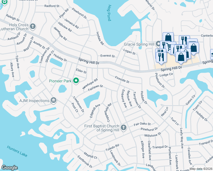 map of restaurants, bars, coffee shops, grocery stores, and more near 7035 Fairlawn Street in Spring Hill