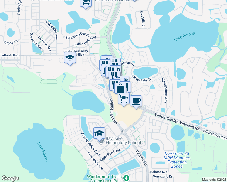 map of restaurants, bars, coffee shops, grocery stores, and more near 11600 Lakeside Village Lane in Windermere