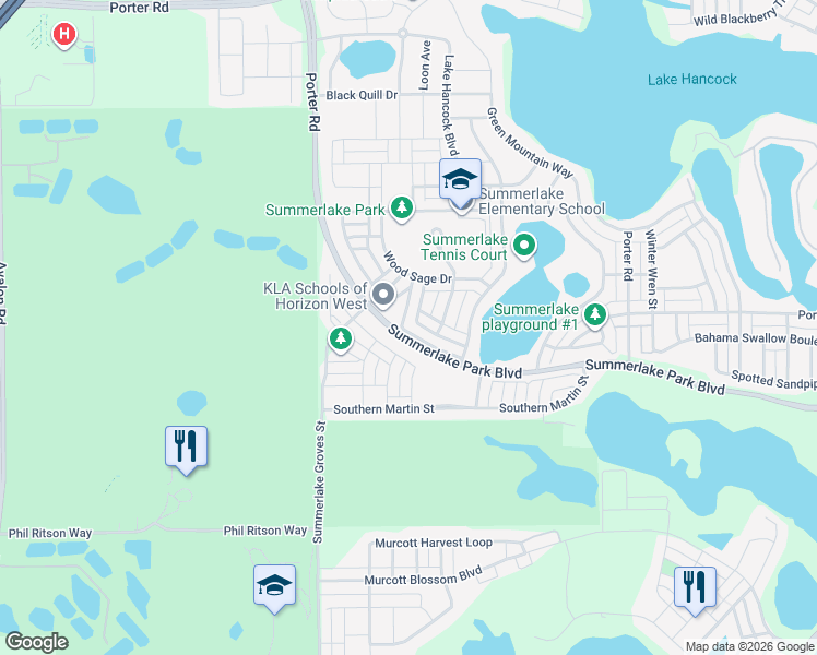 map of restaurants, bars, coffee shops, grocery stores, and more near 15497 Blackbead Street in Winter Garden