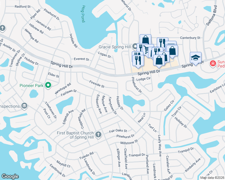 map of restaurants, bars, coffee shops, grocery stores, and more near 7213-7221 Fireside Street in Spring Hill
