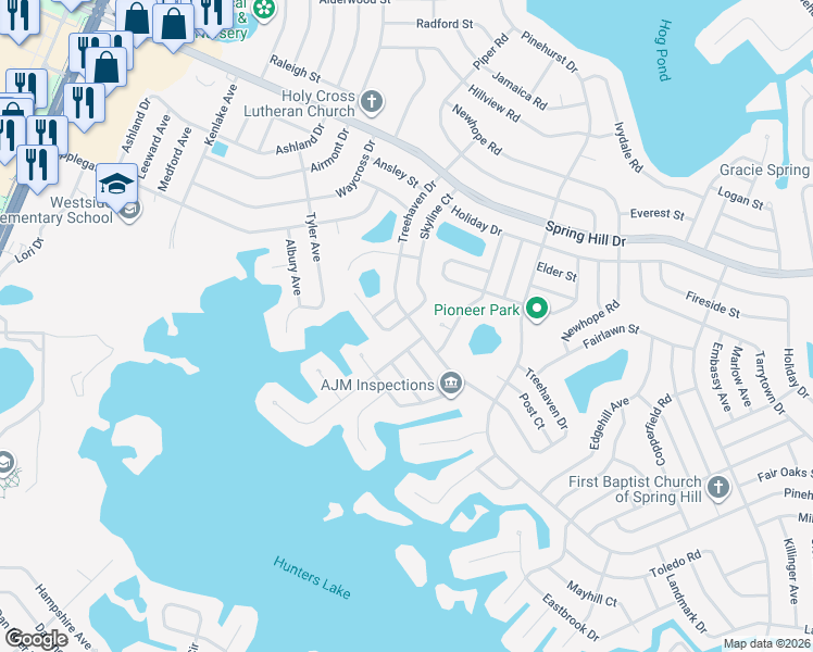 map of restaurants, bars, coffee shops, grocery stores, and more near 6251 Skyline Court in Spring Hill