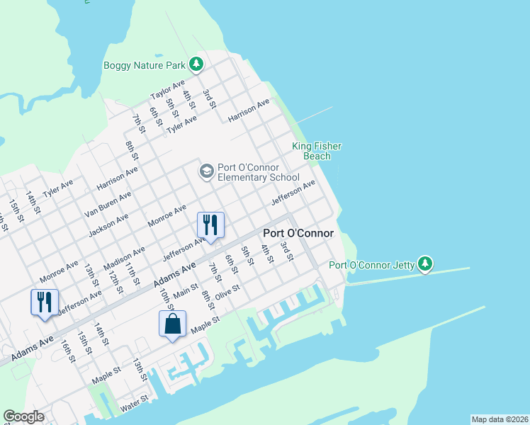 map of restaurants, bars, coffee shops, grocery stores, and more near 304 Jefferson Avenue in Port O'Connor