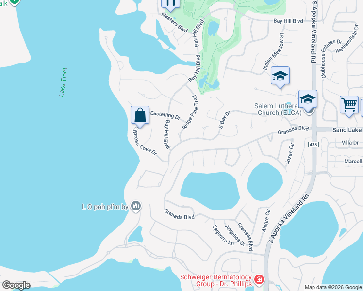 map of restaurants, bars, coffee shops, grocery stores, and more near 9108 South Bay Drive in Orlando