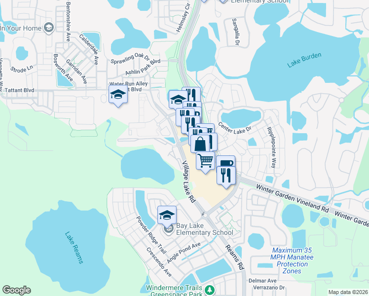 map of restaurants, bars, coffee shops, grocery stores, and more near 11600 Lakeside Village Lane in Windermere