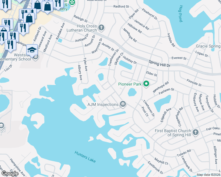 map of restaurants, bars, coffee shops, grocery stores, and more near 6251 Skyline Court in Spring Hill