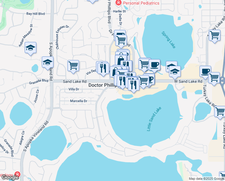 map of restaurants, bars, coffee shops, grocery stores, and more near 7900 Sand Lake Road in Orlando