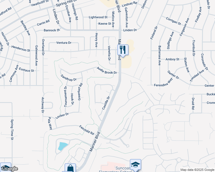 map of restaurants, bars, coffee shops, grocery stores, and more near 11016 Casa Grande Circle in Spring Hill