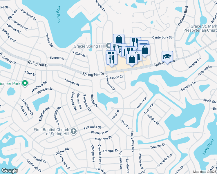 map of restaurants, bars, coffee shops, grocery stores, and more near 7723 Pinehurst Drive in Spring Hill