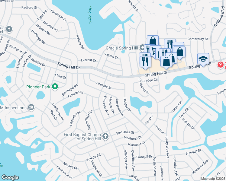 map of restaurants, bars, coffee shops, grocery stores, and more near 7174 Fireside Street in Spring Hill