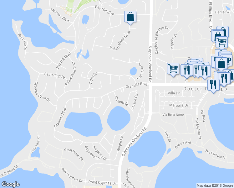 map of restaurants, bars, coffee shops, grocery stores, and more near 8014 Bay Lakes Court in Orlando