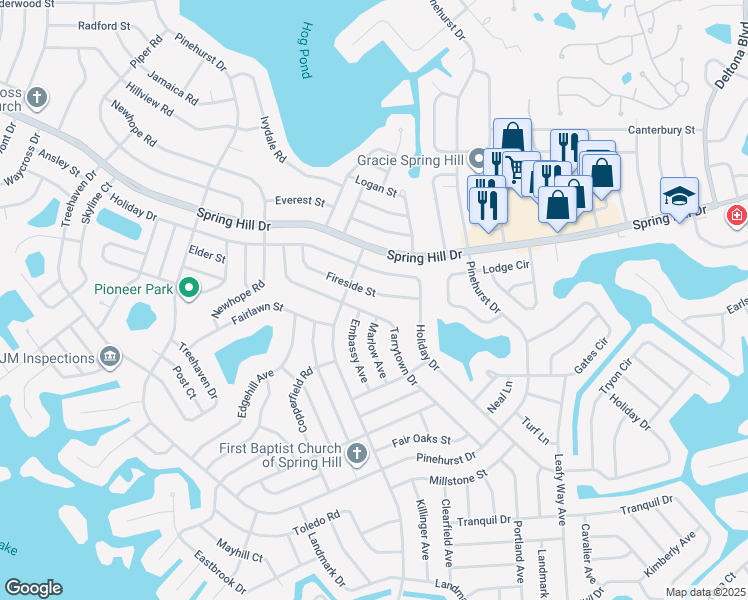 map of restaurants, bars, coffee shops, grocery stores, and more near 7174 Fireside Street in Spring Hill