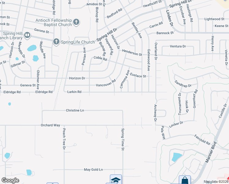 map of restaurants, bars, coffee shops, grocery stores, and more near 1273 Larkin Road in Spring Hill