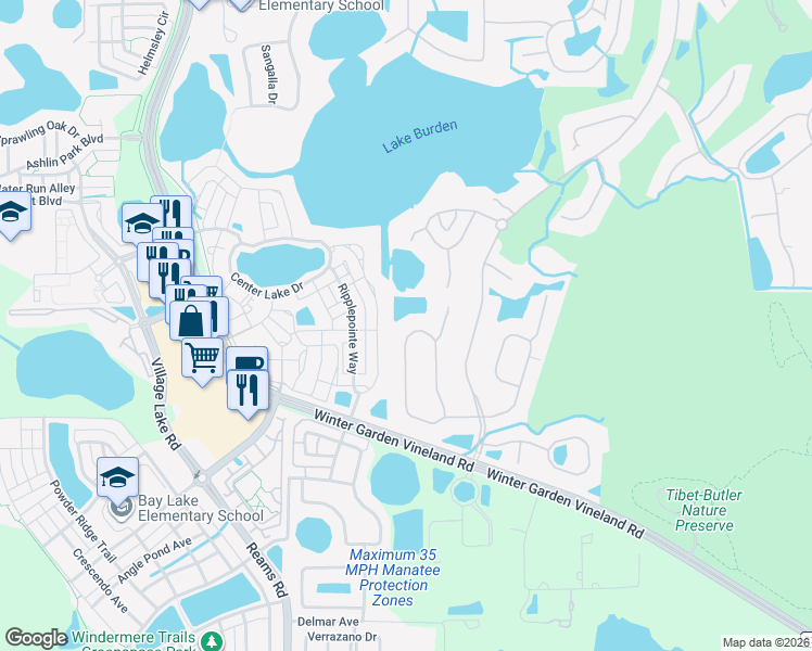 map of restaurants, bars, coffee shops, grocery stores, and more near 11650 Claymont Circle in Windermere