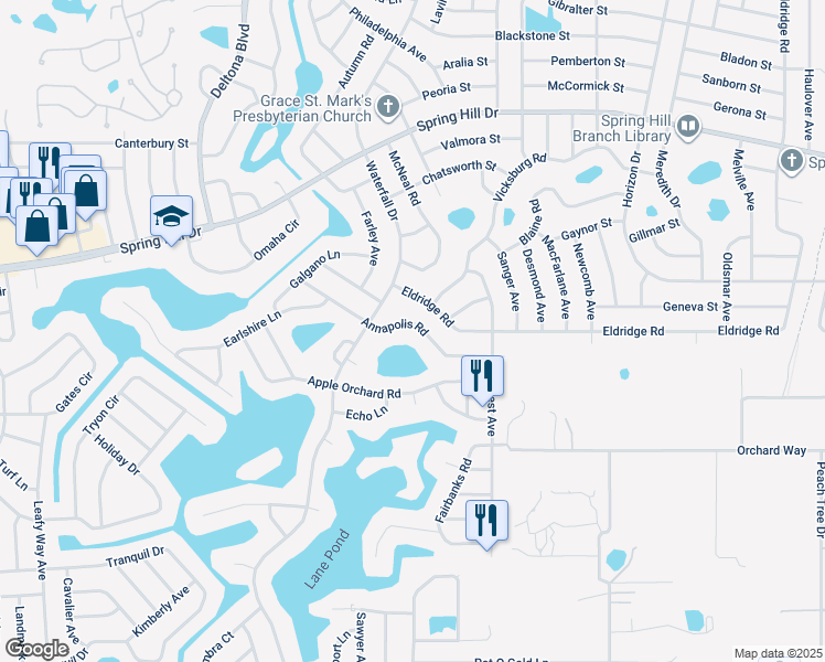 map of restaurants, bars, coffee shops, grocery stores, and more near 8388 Annapolis Road in Spring Hill