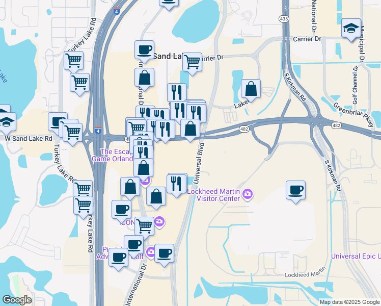 map of restaurants, bars, coffee shops, grocery stores, and more near 6500 Sand Lake Road in Orlando
