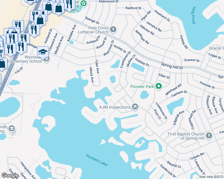 map of restaurants, bars, coffee shops, grocery stores, and more near 6190 Skyline Court in Spring Hill