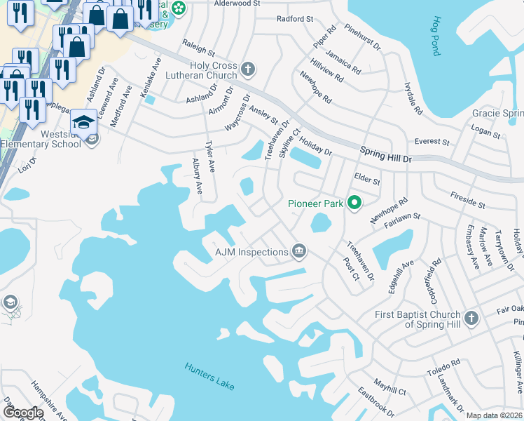 map of restaurants, bars, coffee shops, grocery stores, and more near 6241 Skyline Court in Spring Hill