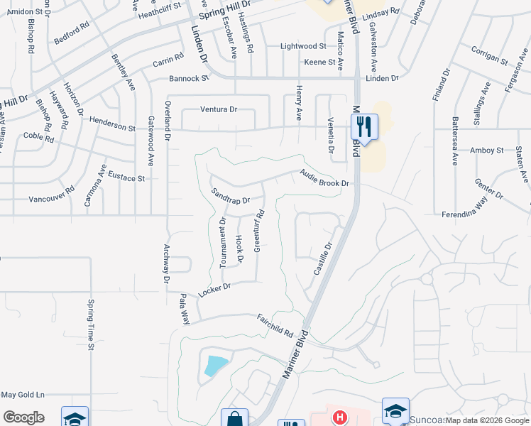 map of restaurants, bars, coffee shops, grocery stores, and more near 1062 Greenturf Road in Spring Hill