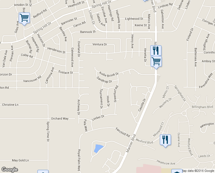 map of restaurants, bars, coffee shops, grocery stores, and more near 10363 Flag Road in Spring Hill