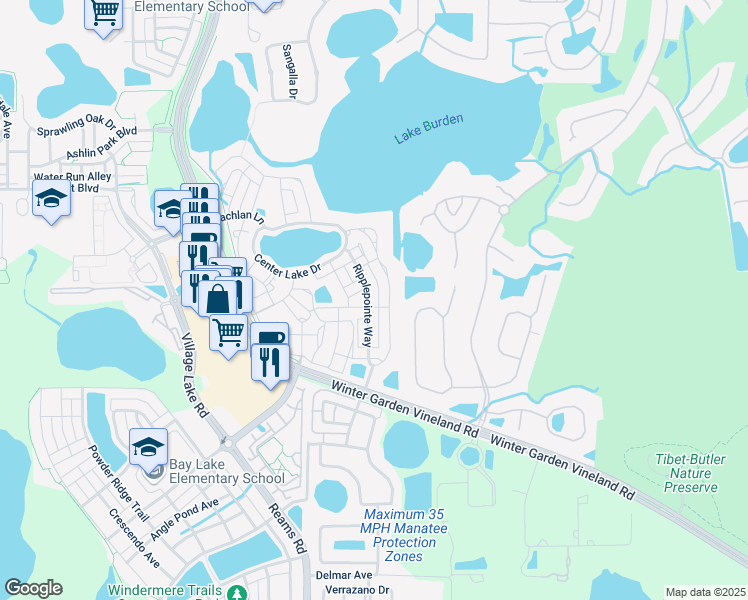 map of restaurants, bars, coffee shops, grocery stores, and more near 7561 Ripplepointe Way in Windermere
