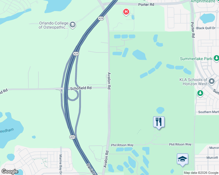 map of restaurants, bars, coffee shops, grocery stores, and more near 16901 Schofield Road in Winter Garden