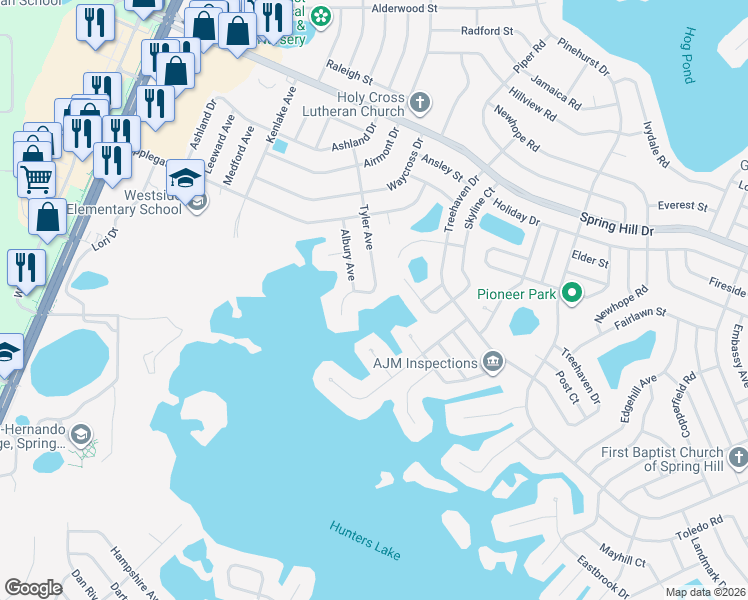 map of restaurants, bars, coffee shops, grocery stores, and more near 1172 Tyler Avenue in Spring Hill