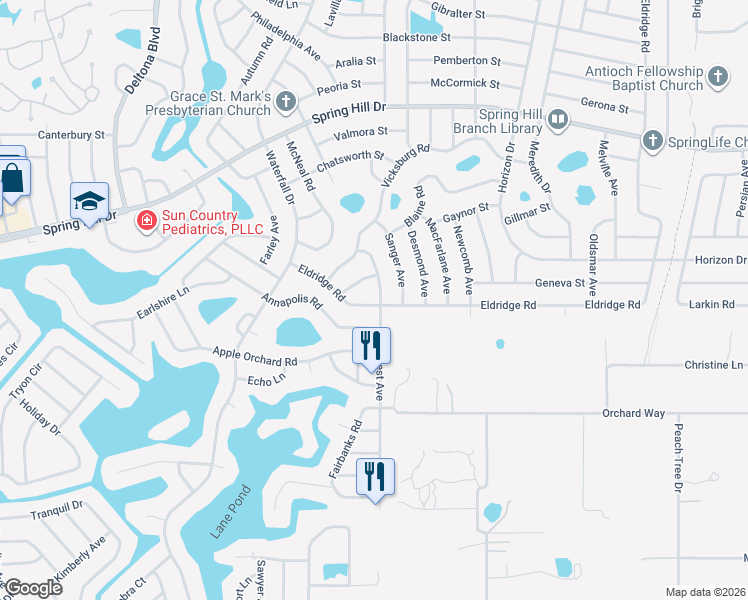 map of restaurants, bars, coffee shops, grocery stores, and more near 1123 Hallcrest Ave in Spring Hill