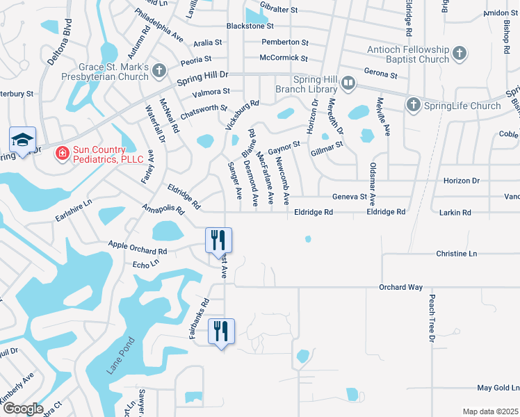 map of restaurants, bars, coffee shops, grocery stores, and more near 1122 Desmond Avenue in Spring Hill