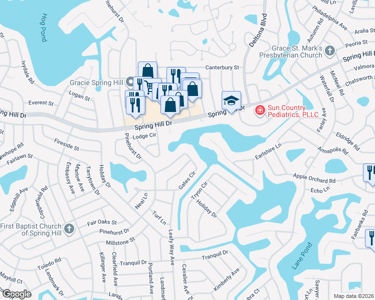 map of restaurants, bars, coffee shops, grocery stores, and more near 7590 Gates Circle in Spring Hill