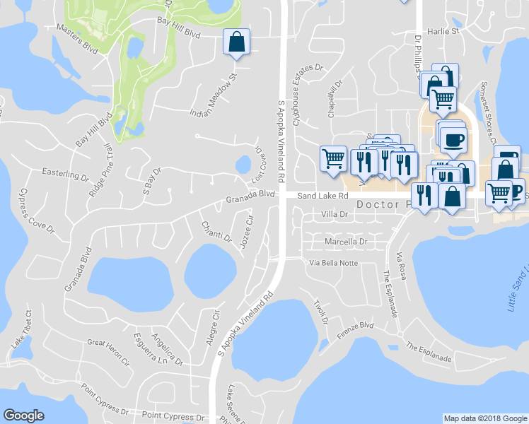 map of restaurants, bars, coffee shops, grocery stores, and more near 8110 Citrus Chase Drive in Orlando
