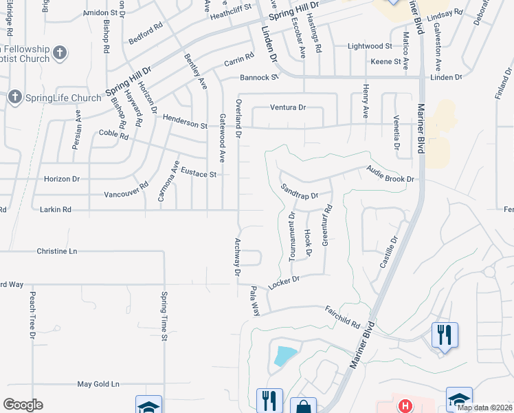 map of restaurants, bars, coffee shops, grocery stores, and more near 1066 Larkin Road in Spring Hill