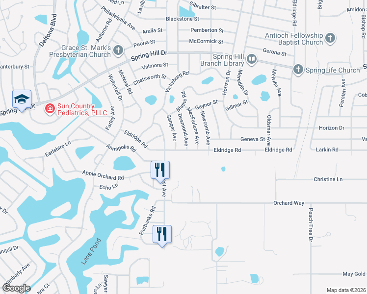 map of restaurants, bars, coffee shops, grocery stores, and more near 1123 Desmond Avenue in Spring Hill